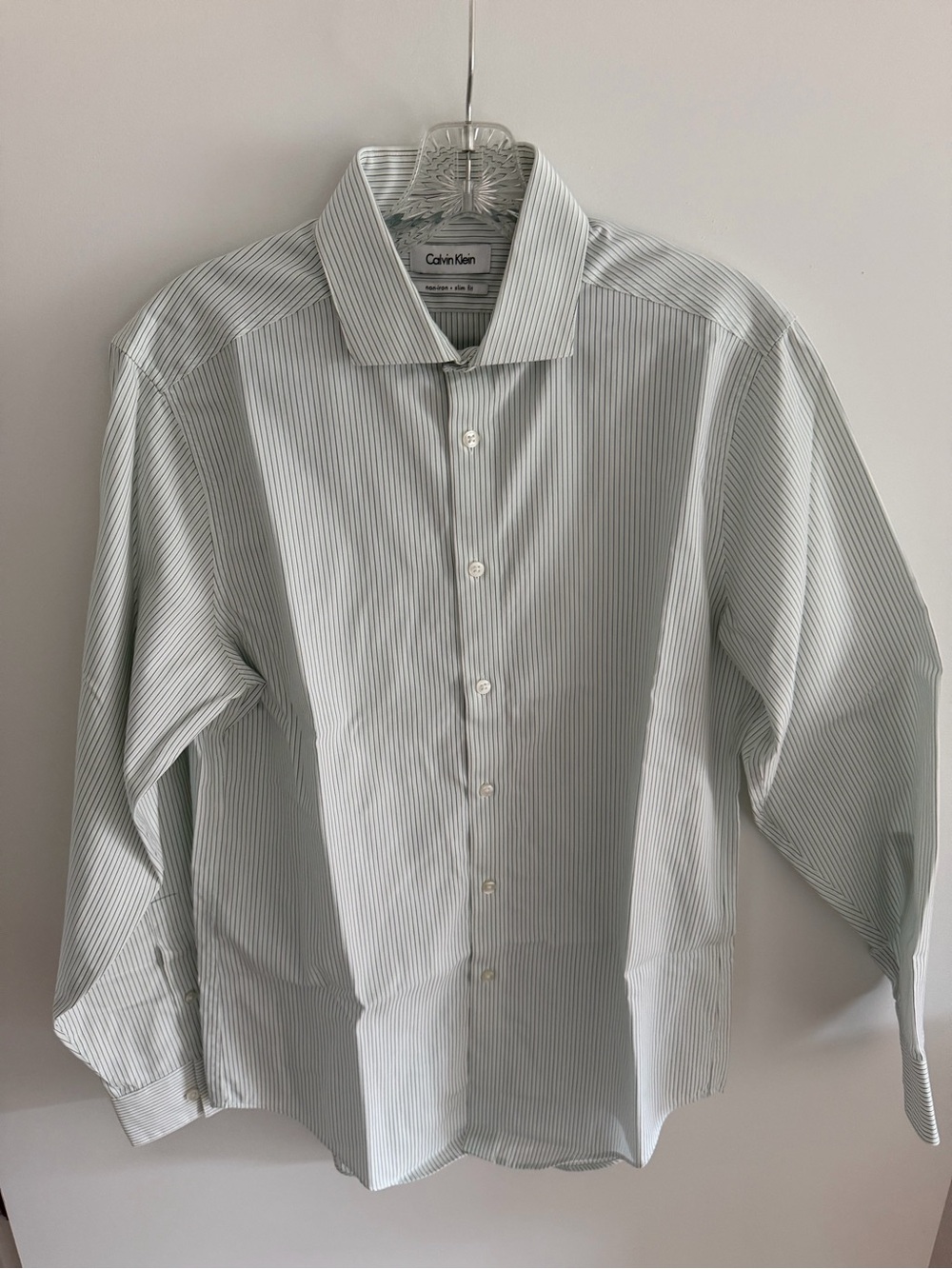 Calvin Klein Men's Pale Green Pinstripe Dress Shirt